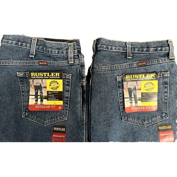 Wrangler Other - Lot Of 2 Rustler Wrangler Mens Jeans 42/32 Regular Fit Straight Blue Heavy Denim